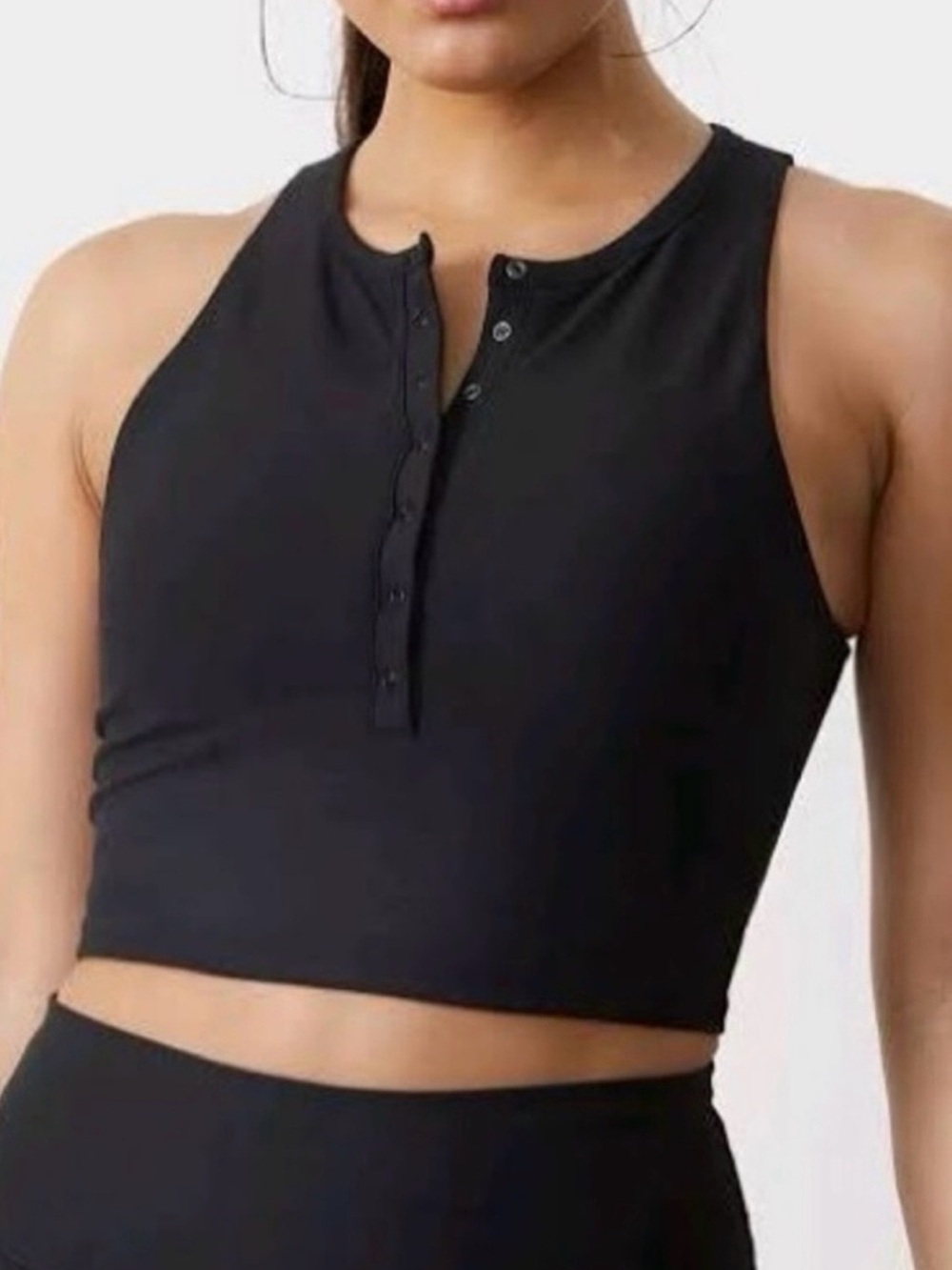 Abercrombie & Fitch YPB Sculpt Lux Black Snap-Front Henley Cropped Athletic Tank